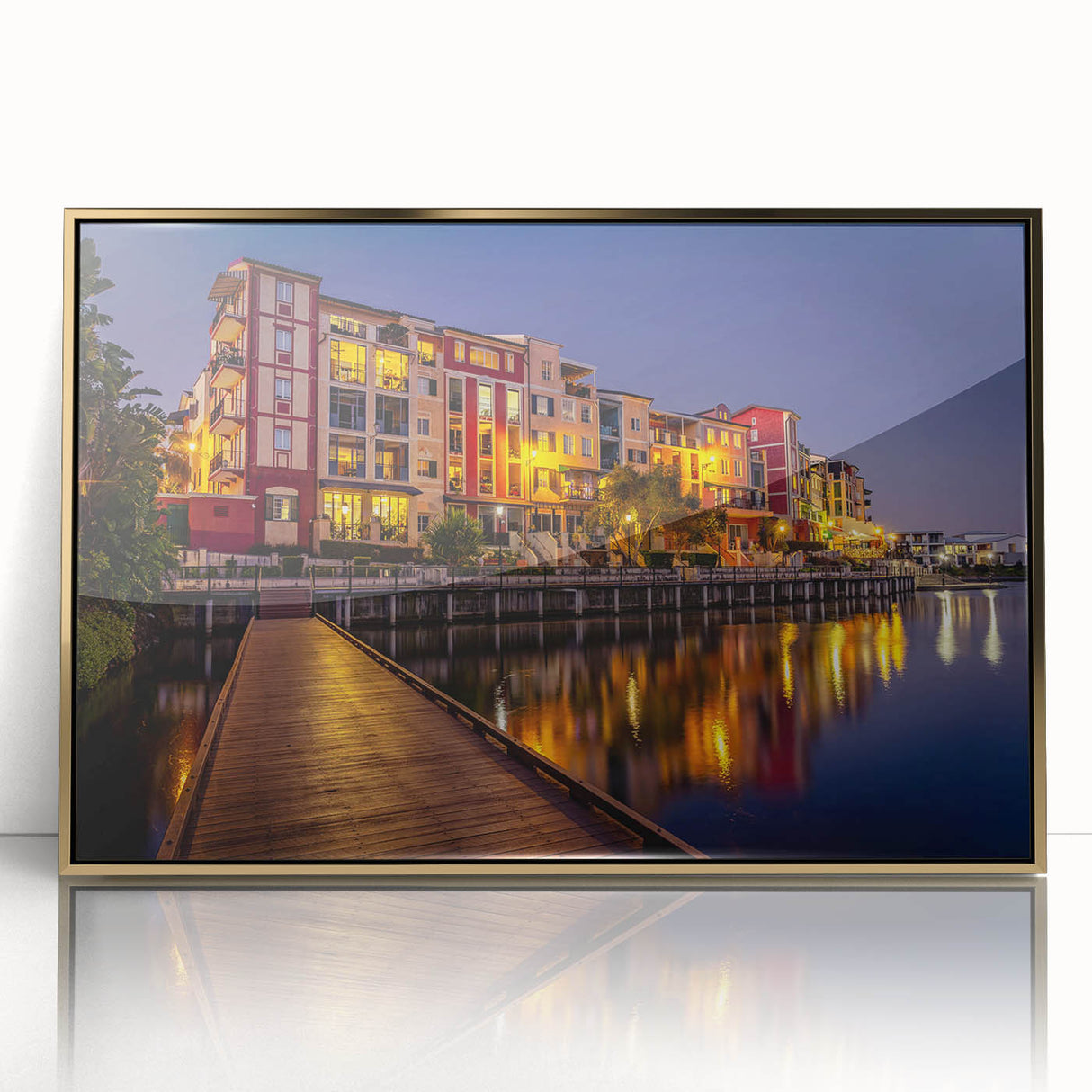 Mid-century modernist art depicting Queensland scenery in acrylic, with gold frame, ideal for nursery wall art.