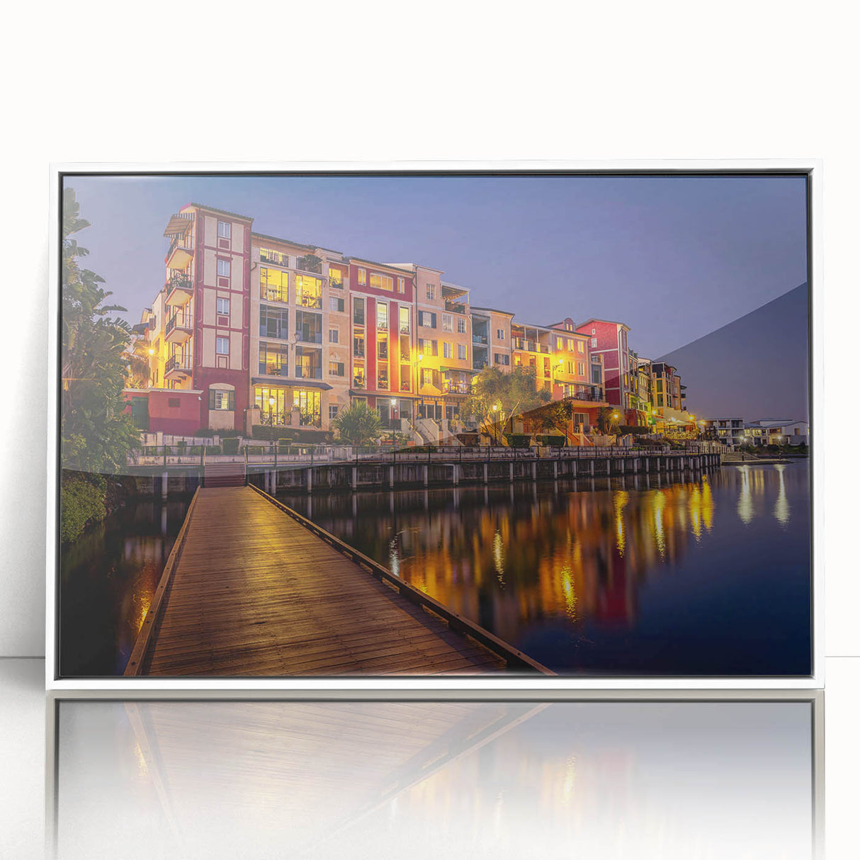 Framed acrylic print of a Queensland, Australia scenery in mid-century modernist style with muted earth tones.