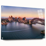 Acrylic print of Sydney skyline with a view of the Opera House, using cool blue and gray tones.