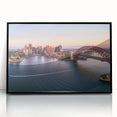 Large abstract wall art depicting Sydney's skyline in muted gray and blue tones on a black framed acrylic.
