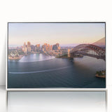 Mid-century modernist art depicting Sydney skyline in muted blue tones on framed acrylic, ideal for nursery wall art.