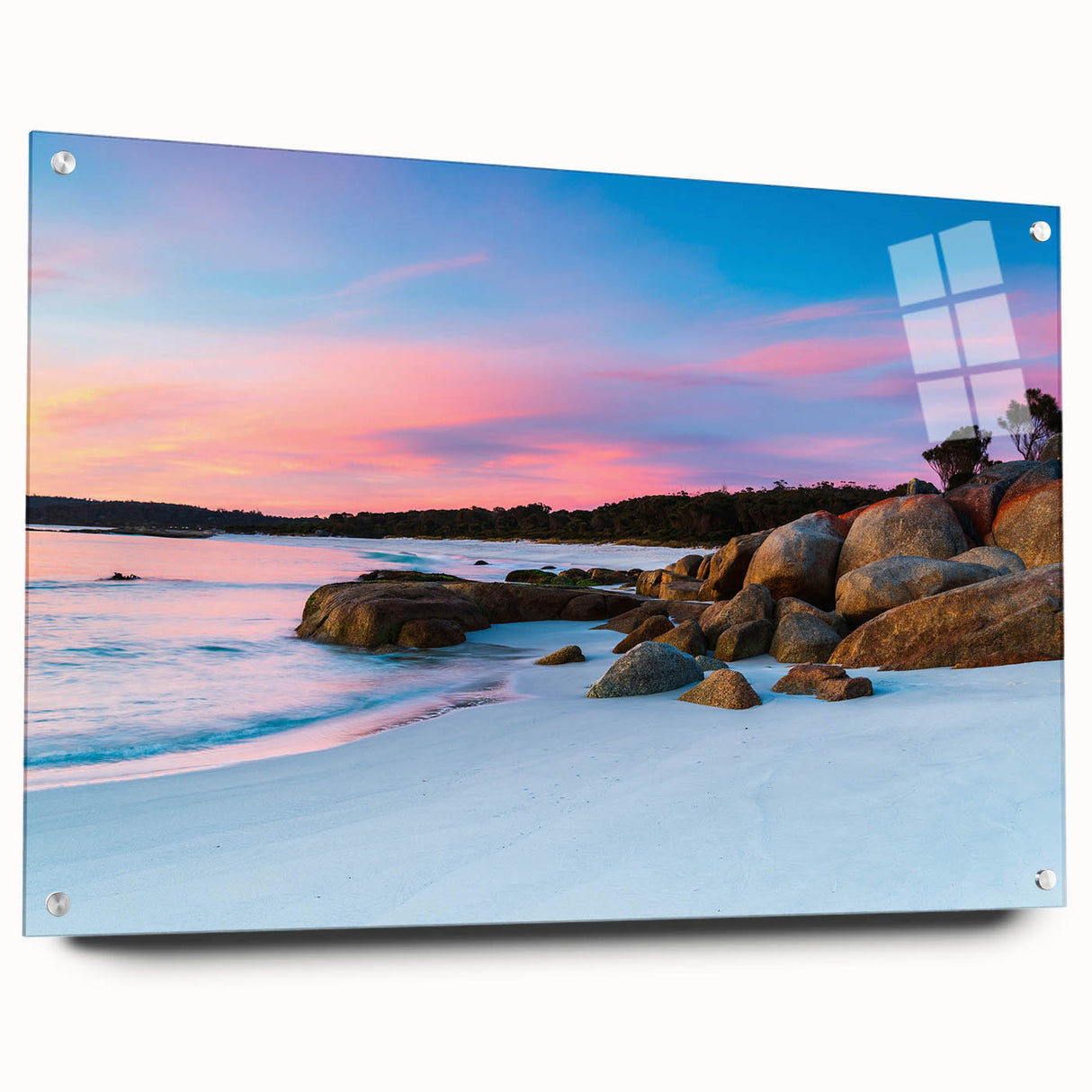 Acrylic glass print of Tasmania landscape in muted earth tones, ideal for dining room decor.