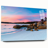 Acrylic glass print of Tasmania landscape in muted earth tones, ideal for dining room decor.