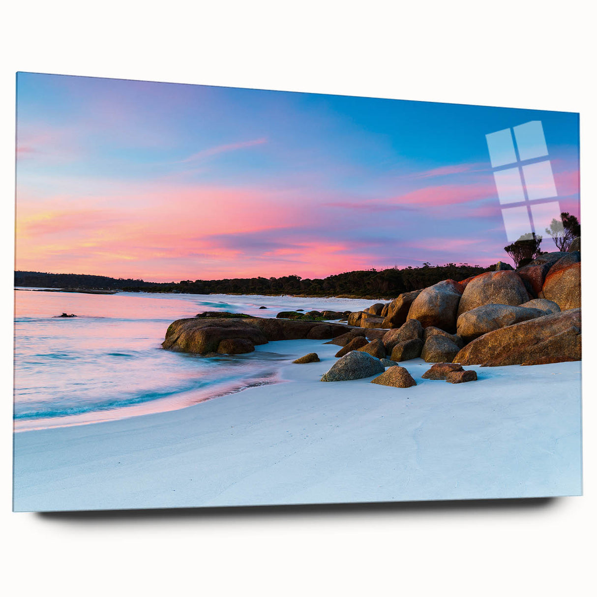 Large abstract wall art of Tasmania scenery in muted earth tones on acrylic glass, ideal for bedroom or dining room decor.