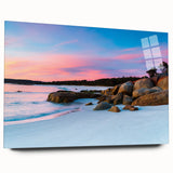 Large abstract wall art of Tasmania scenery in muted earth tones on acrylic glass, ideal for bedroom or dining room decor.