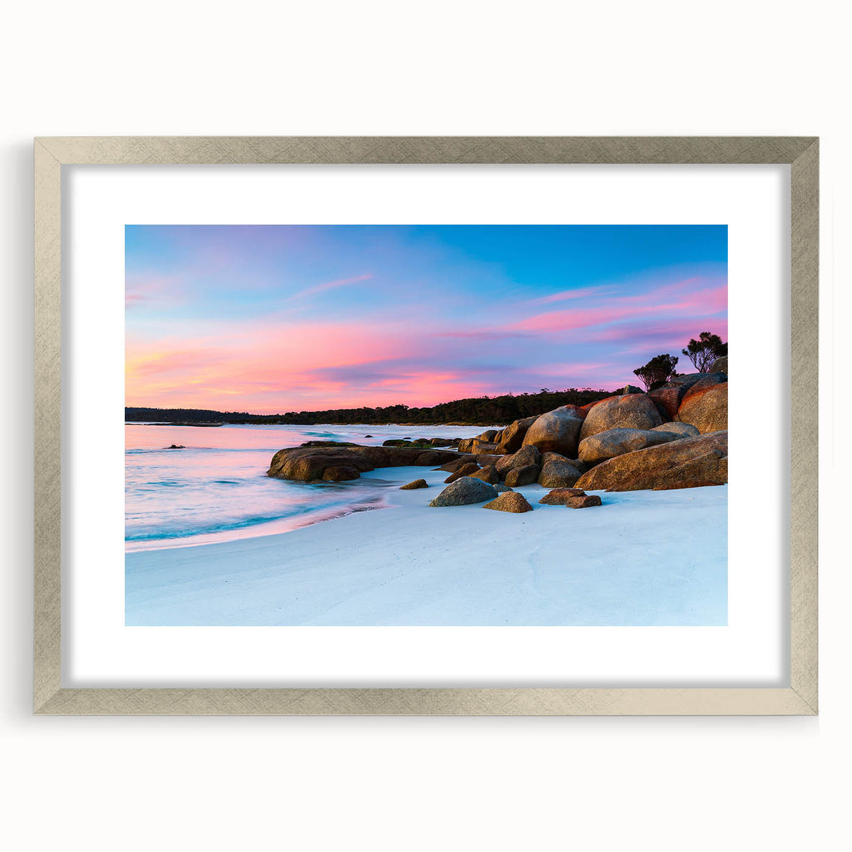 Extra large wall art featuring an abstract textured print of Tasmania scenery in silver frame, ideal for living room decor.