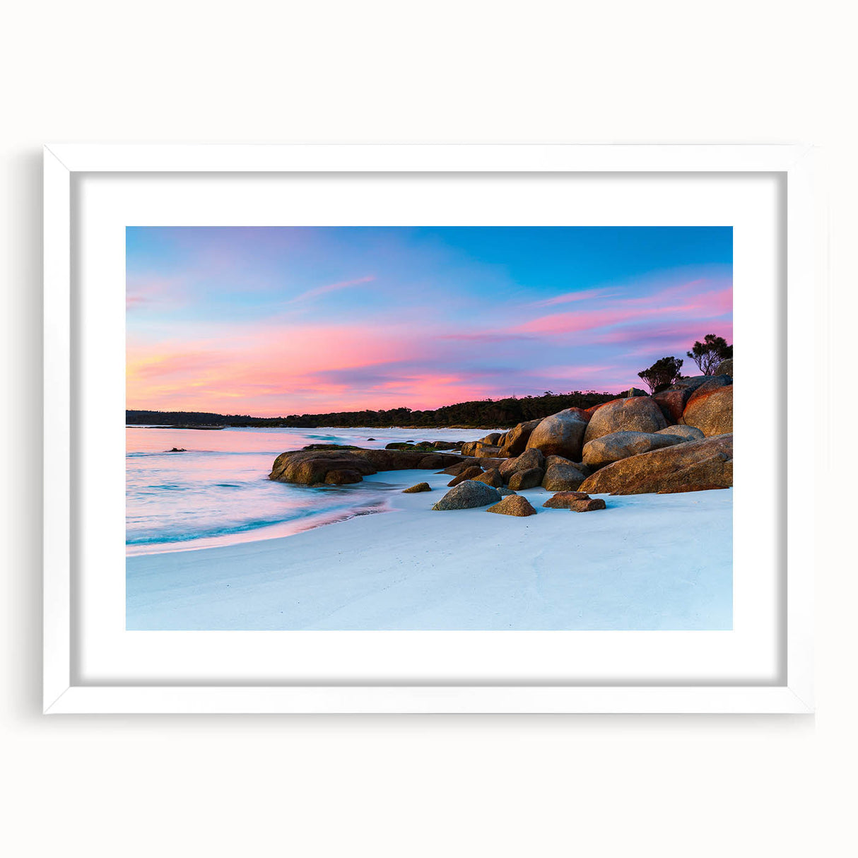 Textured abstract art print of Tasmania scenery in muted earth tones on a framed white mat, ideal for bedroom art.