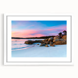 Textured abstract art print of Tasmania scenery in muted earth tones on a framed white mat, ideal for bedroom art.