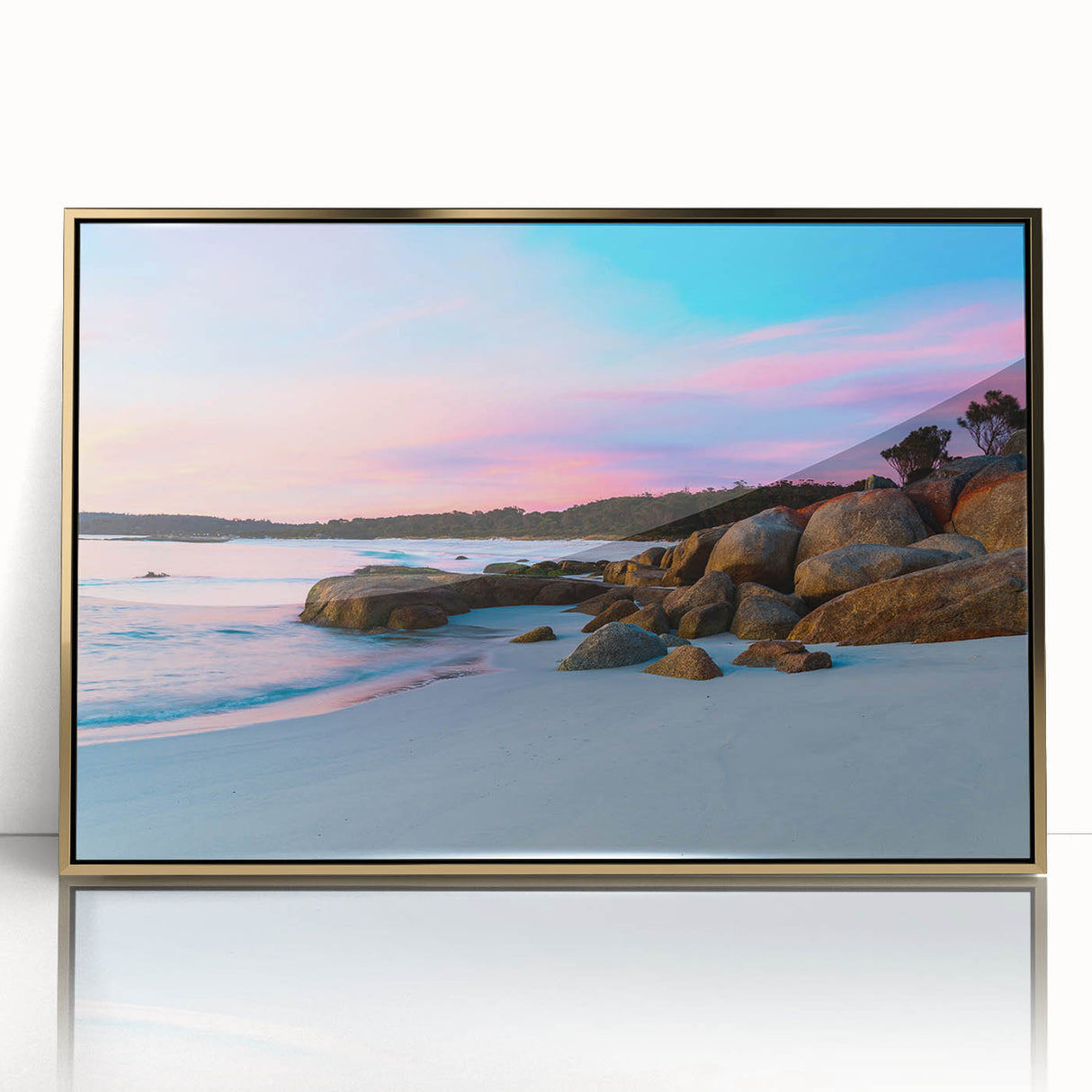 Mid-century modernist art depicting a Tasmanian landscape in subdued earth tones on a framed acrylic print.