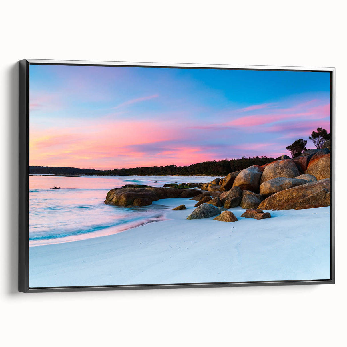 Black and white framed canvas of a Tasmanian landscape, ideal for bedroom wall decor.