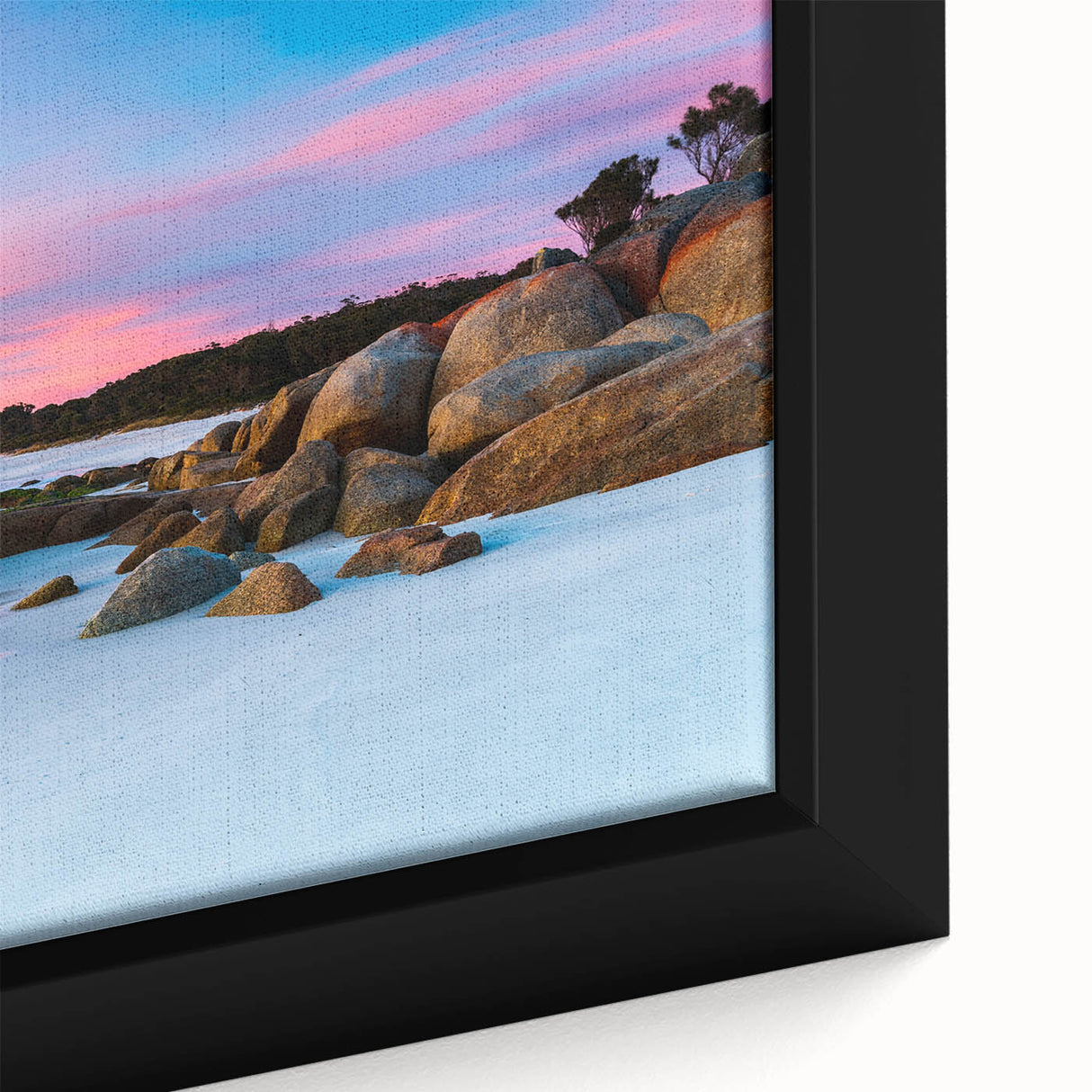 Close-up of a black framed canvas featuring a textured, colorful Australian Tasmania scenery, ideal for living room decor.