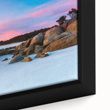 Close-up of a black framed canvas featuring a textured, colorful Australian Tasmania scenery, ideal for living room decor.