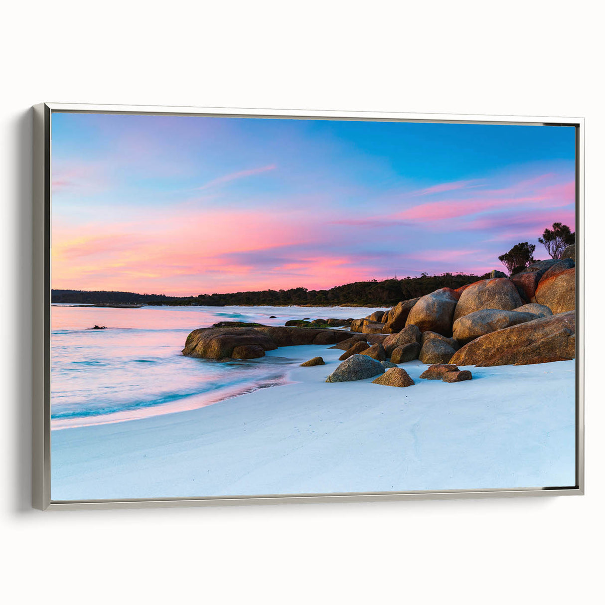 Framed canvas of a Tasmanian landscape in muted earth tones, ideal for bedroom wall art.