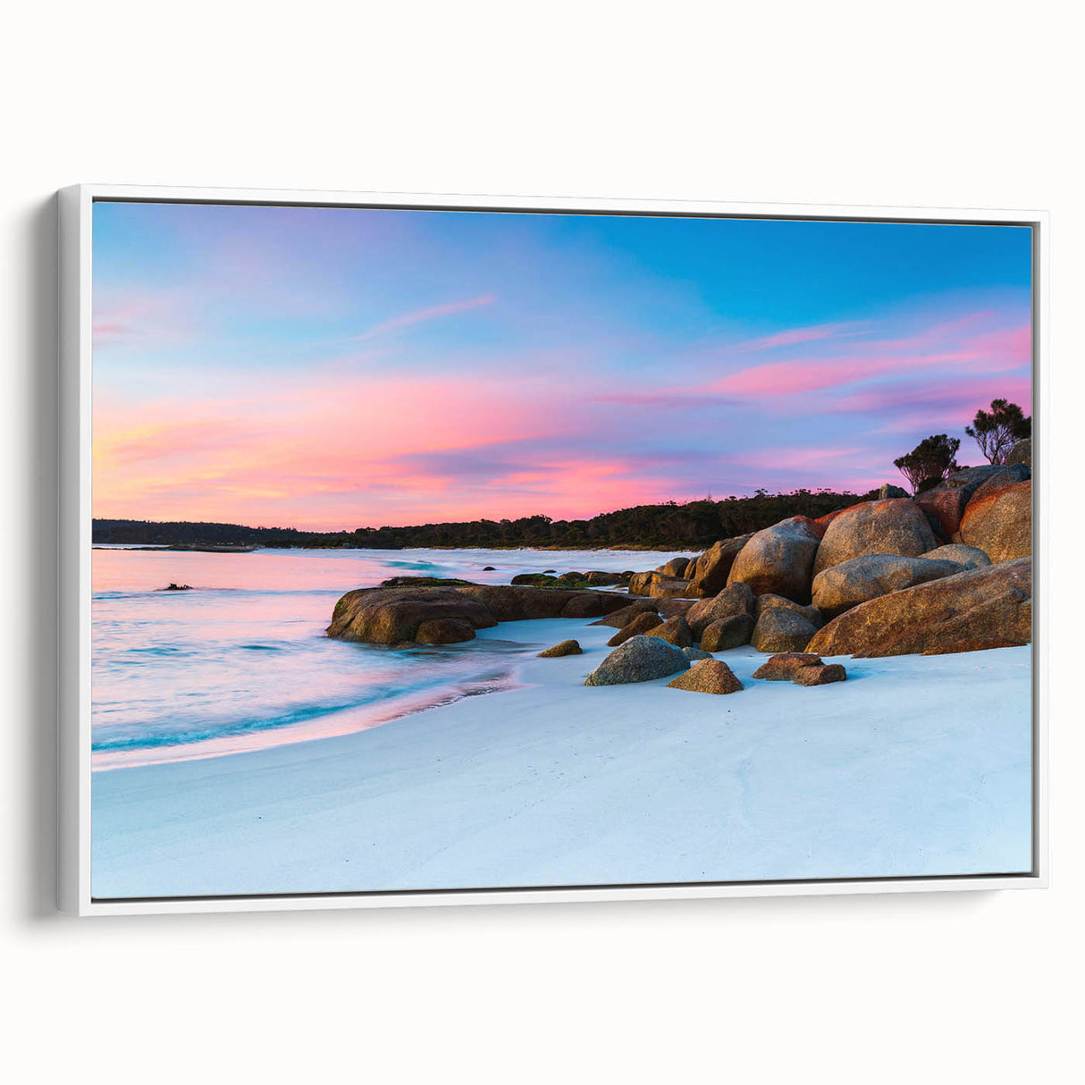 Framed canvas landscape art painting depicting Tasmania, with vibrant colors and vintage poster style.