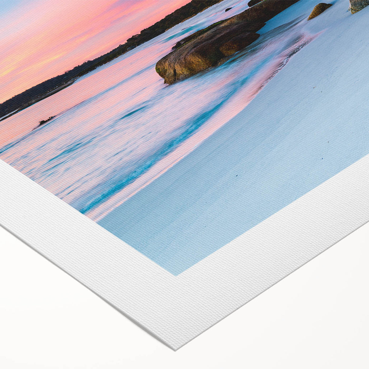 Art deco poster of Tasmania scenery in muted green and blue tones on rolled canvas, suitable for dining room wall art.
