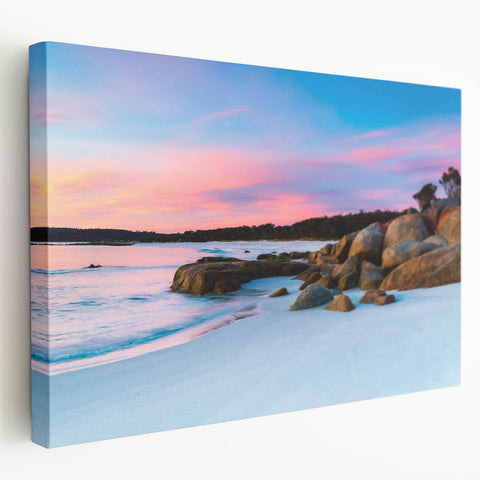 Large art depicting a serene Tasmanian landscape in muted green and blue tones on stretched canvas.