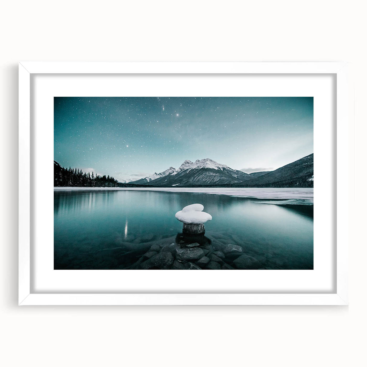 Abstract art print depicting Alberta, Canada scenery in muted earth tones on a framed white mat, ideal for dining room decor.