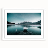 Abstract art print depicting Alberta, Canada scenery in muted earth tones on a framed white mat, ideal for dining room decor.