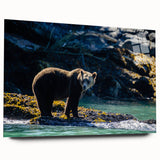 Large abstract wall art of British Columbia scenery in muted green and blue tones on acrylic glass.