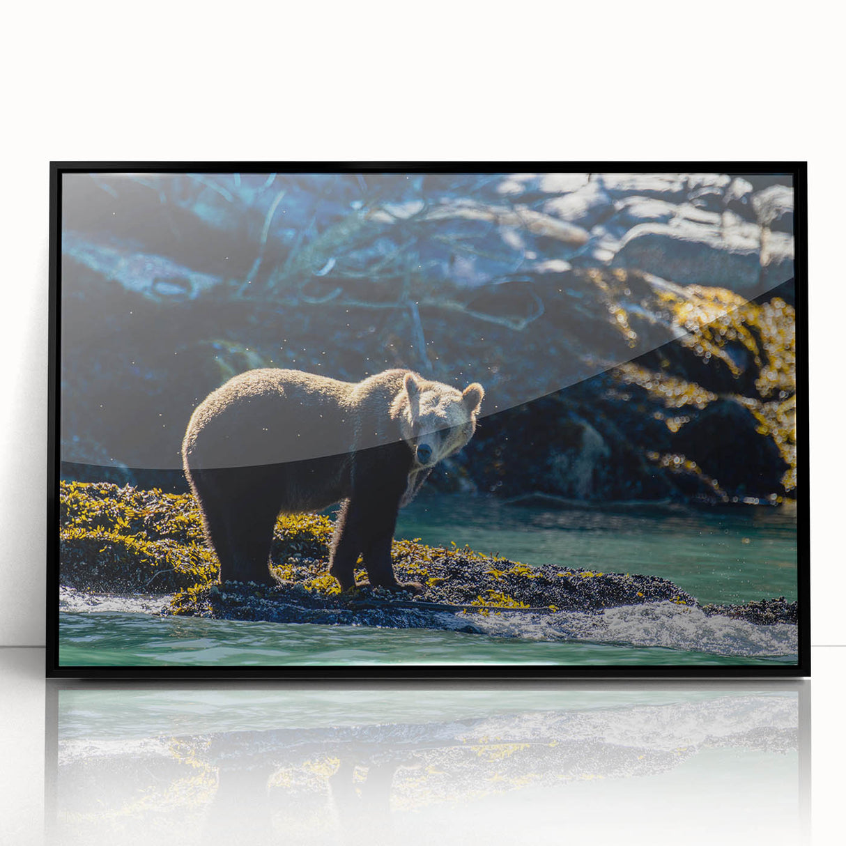 Large abstract wall art depicting a serene British Columbia landscape, in muted earth tones on framed acrylic.
