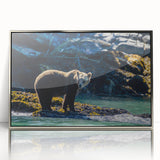 Framed acrylic print of a British Columbia landscape in mid-century modernist style, featuring muted earth tones.