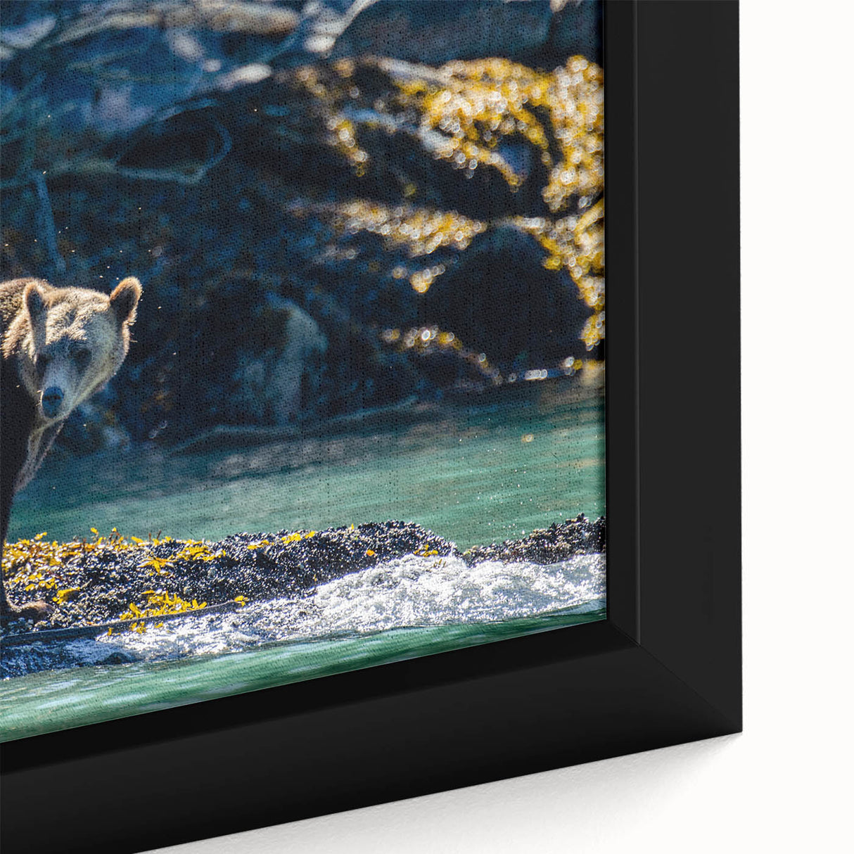Extra large framed canvas of a textured, colorful British Columbia scenery in black, ideal for living room decor.