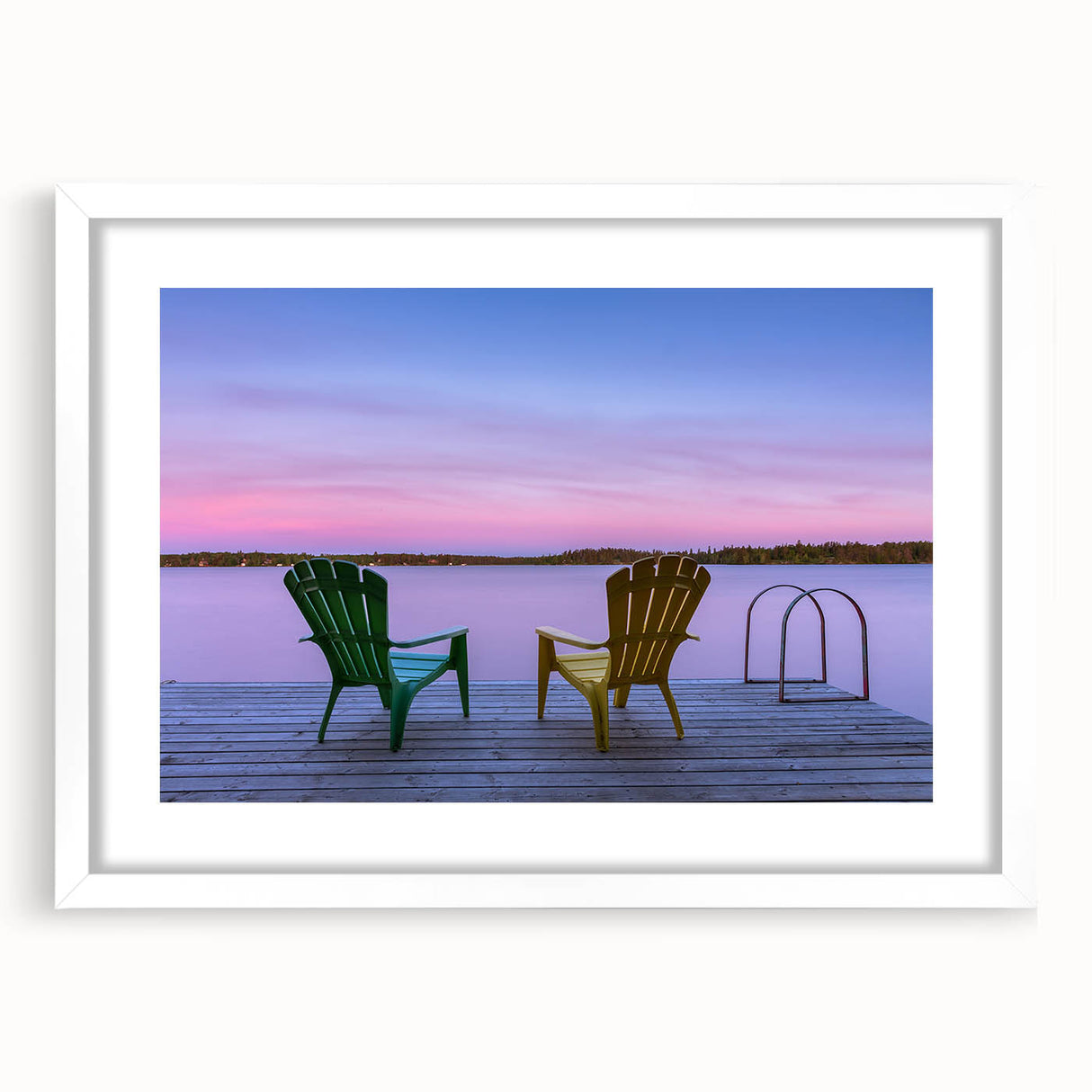 Abstract art print of Manitoba scenery in muted green and blue tones, framed with a white mat, ideal for dining room decor.