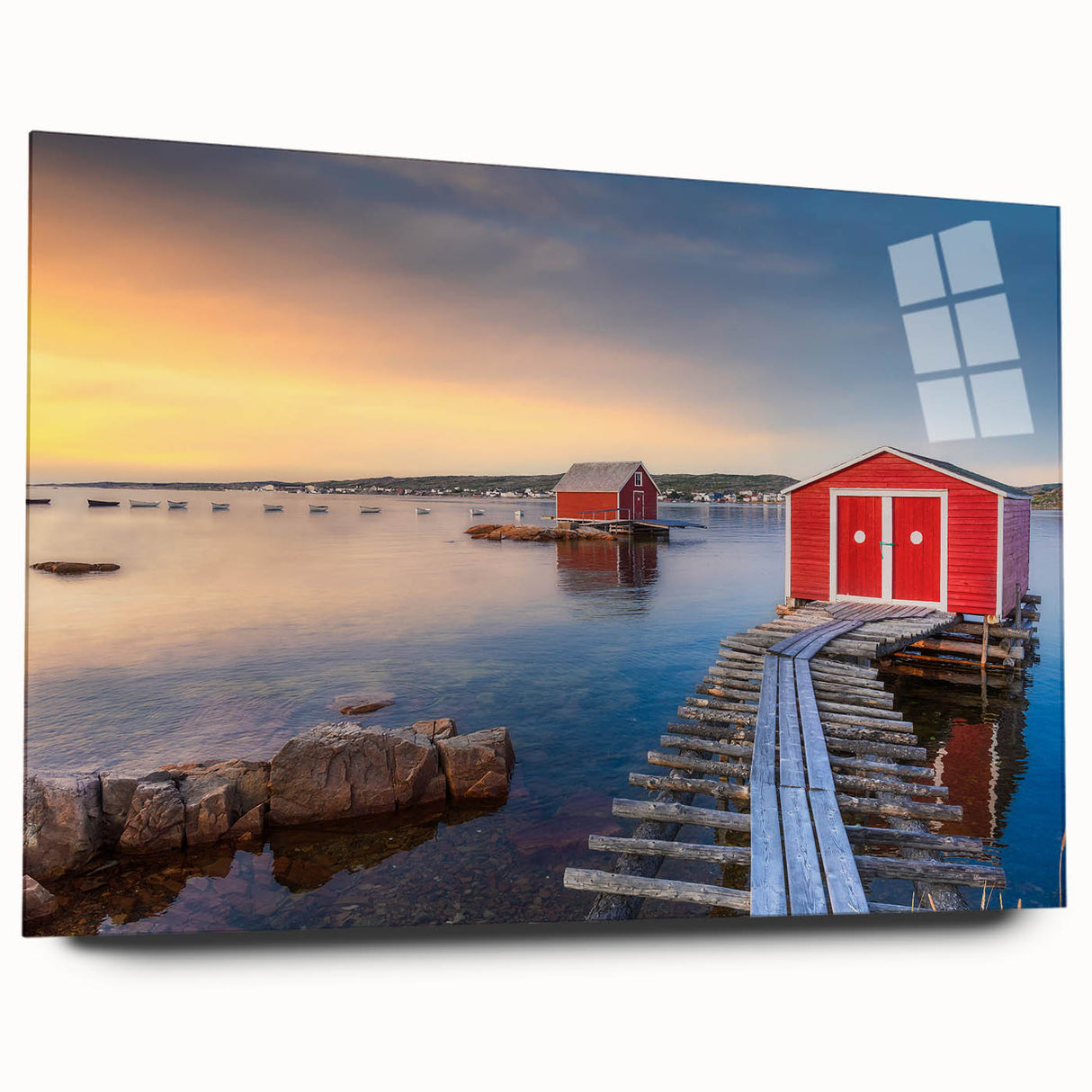Large abstract wall art featuring a serene Newfoundland scenery in muted green and blue tones, printed on acrylic glass.