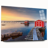 Large abstract wall art featuring a serene Newfoundland scenery in muted green and blue tones, printed on acrylic glass.