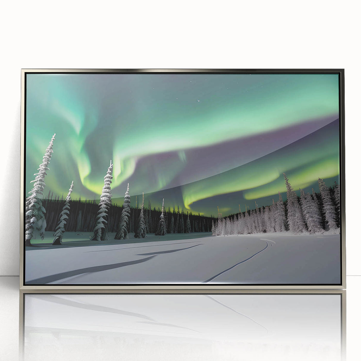 Mid-century modernist art depicting the Northwest Territories landscape in cool blue tones.