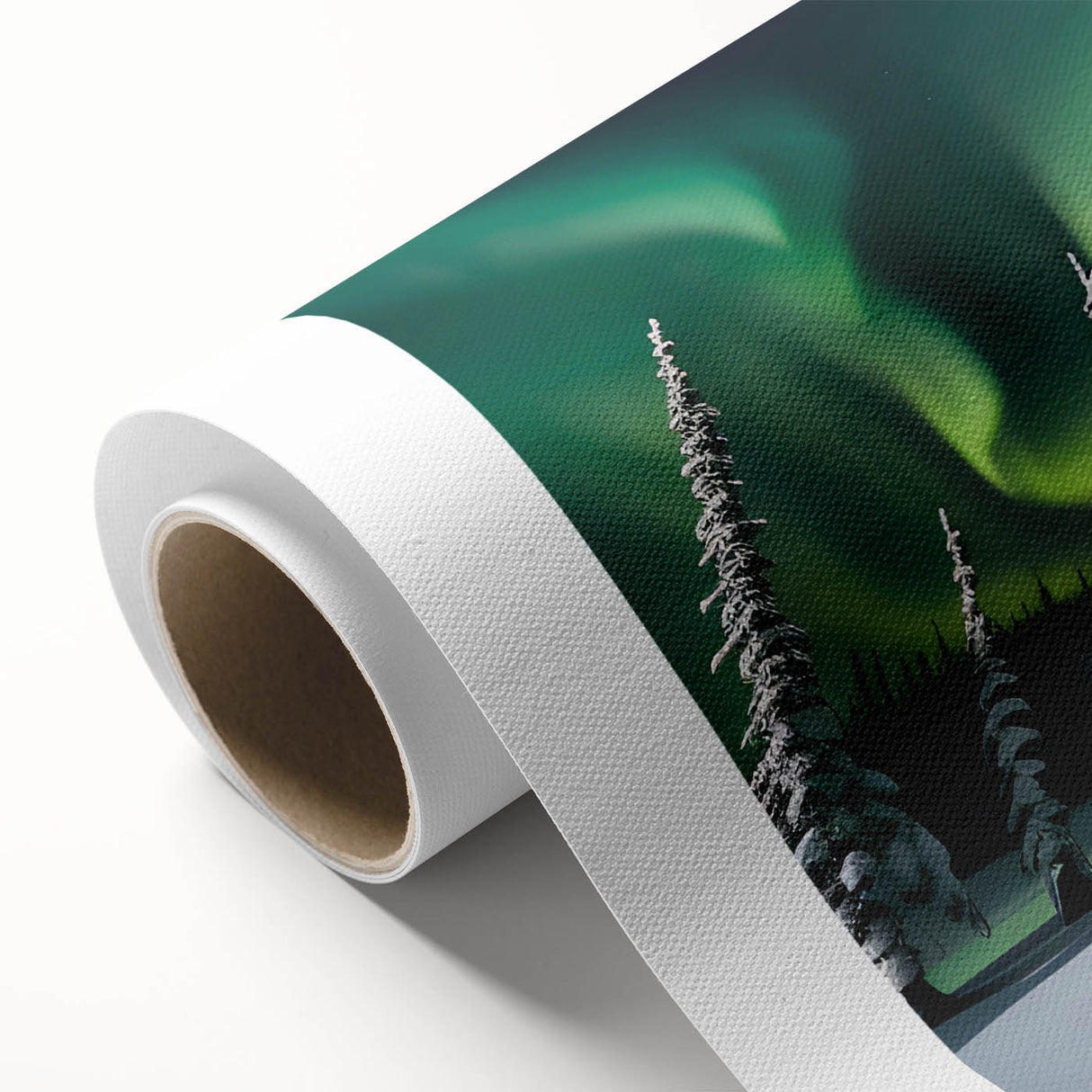 Art deco poster of Northwest Territories scenery on rolled canvas, featuring cool blue and green tones.