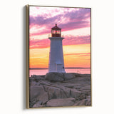Framed canvas featuring a vintage-style landscape painting of Nova Scotia, with muted earth tones.