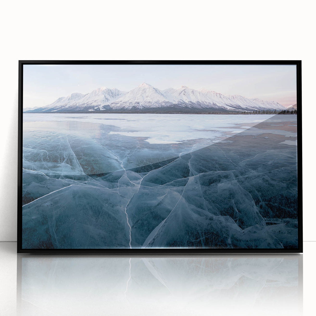 Large abstract wall art depicting a serene Yukon landscape in muted green and blue tones on a framed acrylic print.
