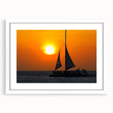 Textured abstract art print featuring a Caribbean Aruba scenery in muted blue and green tones on a framed white mat.