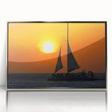 Large art print of a Caribbean Aruba scenery in a silver framed acrylic, featuring mid-century modernist style.