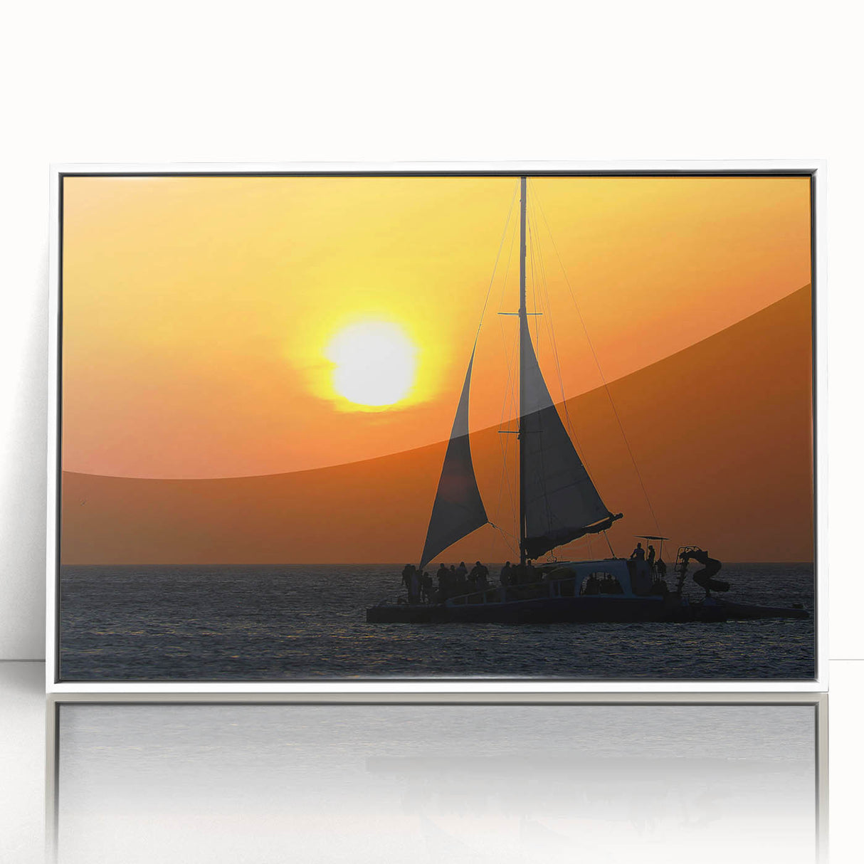 Mid-century modernist art depicting a serene Caribbean Aruba scenery in a white framed acrylic, ideal for nursery wall art.