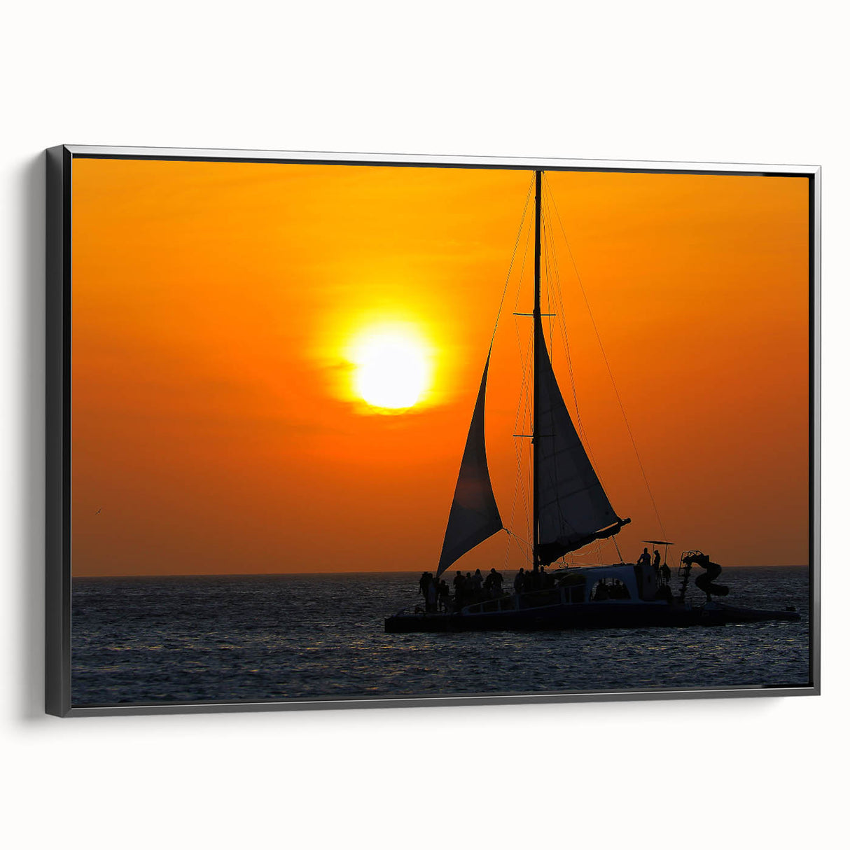 Framed canvas depicting a black and white vintage poster art of a Caribbean landscape, ideal for bedroom wall decor.