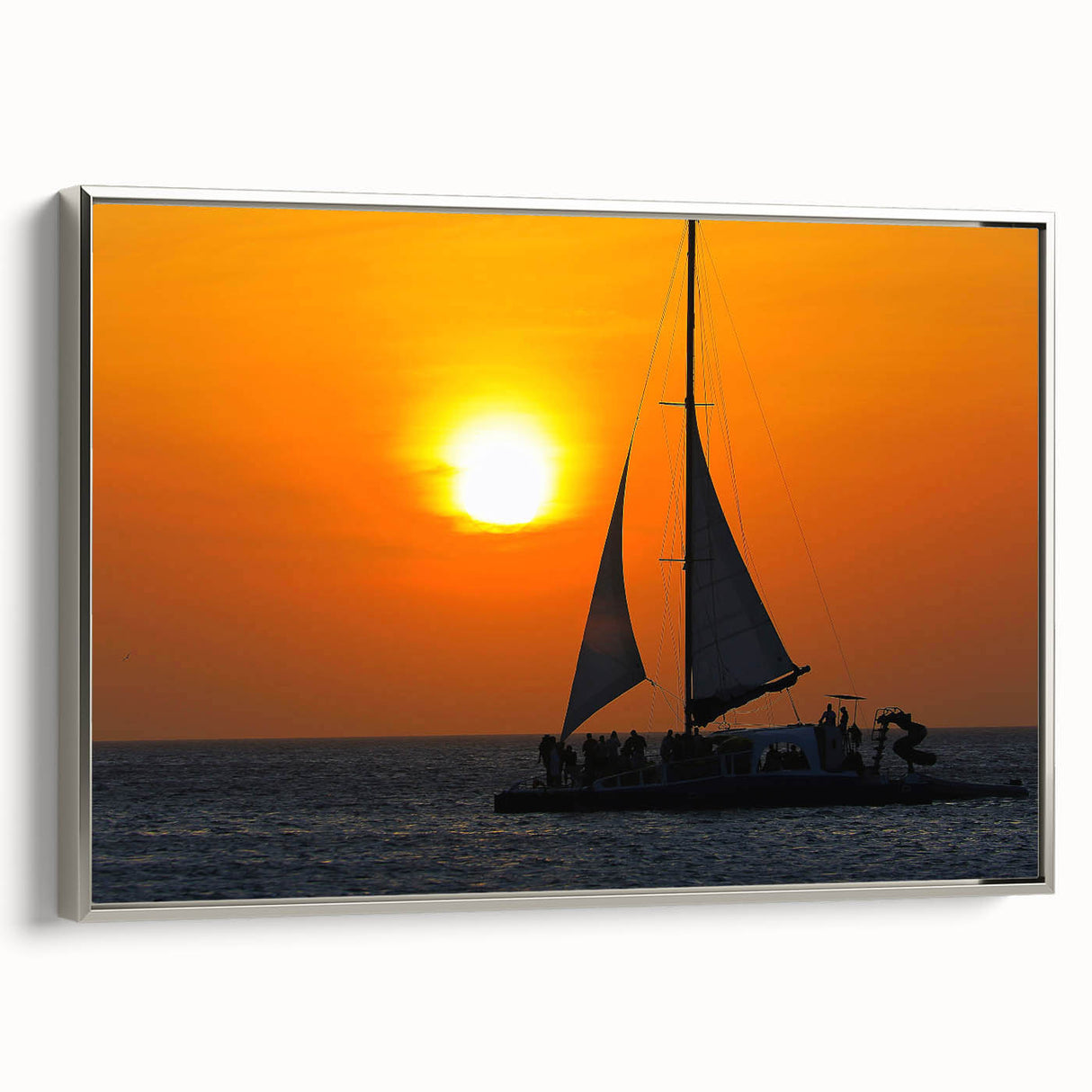 Framed canvas of a Caribbean landscape painting featuring vibrant colors and a vintage poster style.