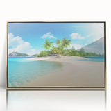 Acrylic print of a Caribbean scenery with gold frame, featuring vibrant blue and green tones.