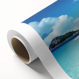 Art deco poster of a Caribbean scenery on rolled canvas, with vivid blue and green tones, ideal for nursery wall art.