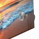 Large abstract wall art depicting a Caribbean scenery in vibrant blue and green tones on acrylic glass.