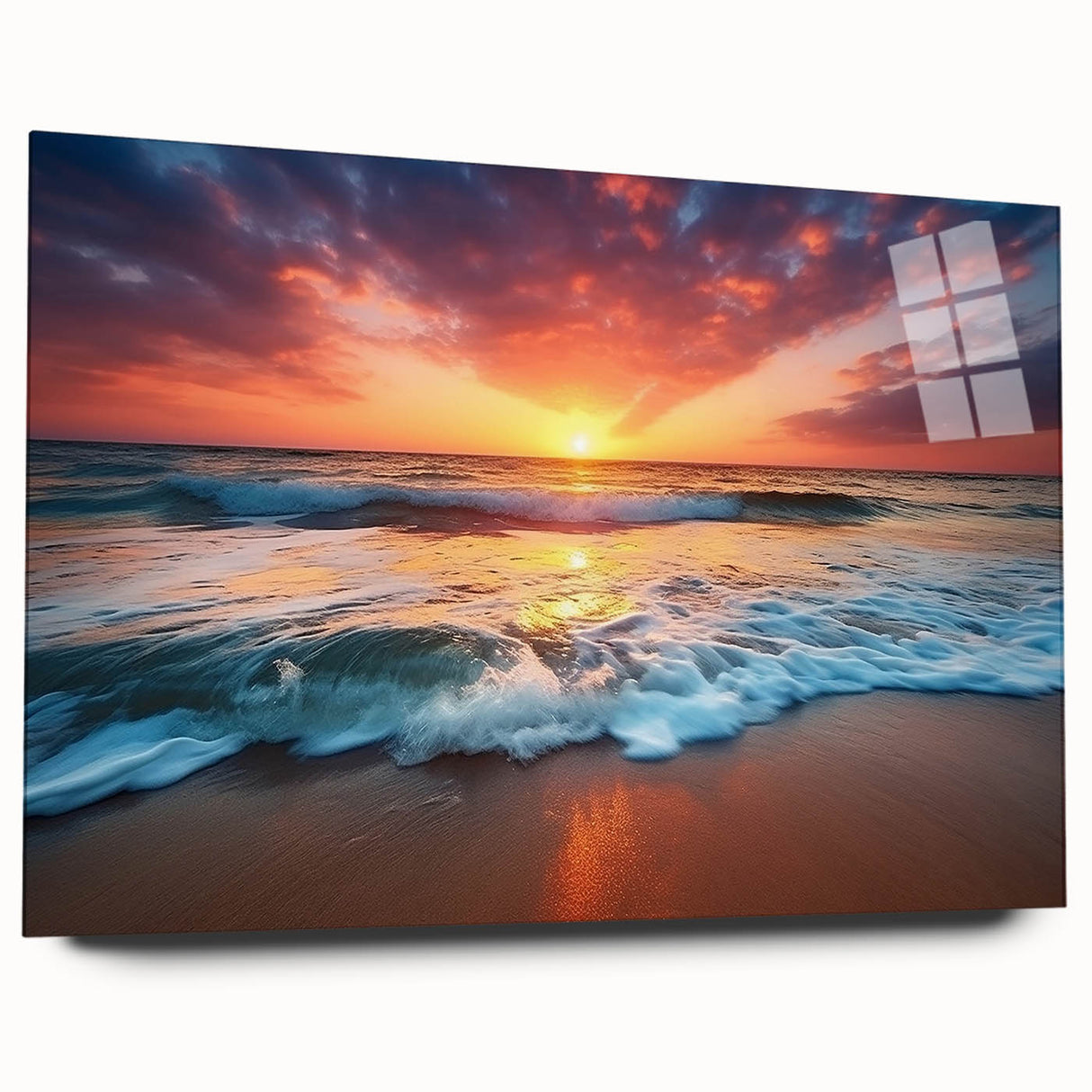 Large abstract wall art depicting a serene Caribbean landscape in cool blue tones, printed on acrylic glass.