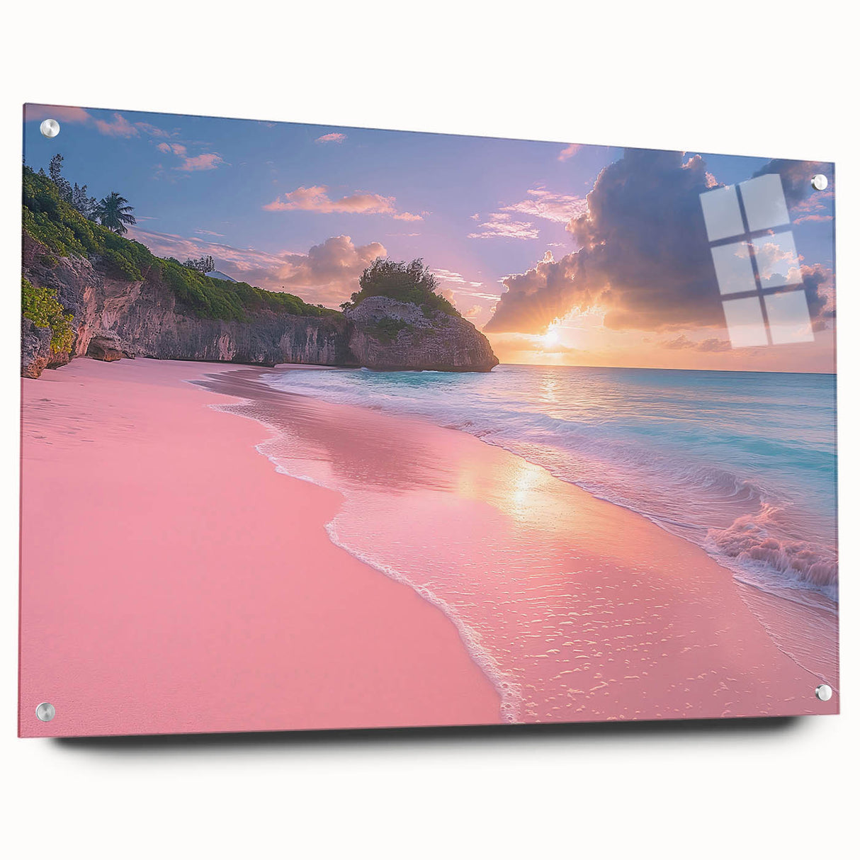Large abstract wall art of Caribbean Bermuda scenery on acrylic glass, in vibrant blue and green tones.