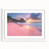 Textured abstract art print depicting Caribbean scenery in vibrant blue and green hues, framed with white mat.