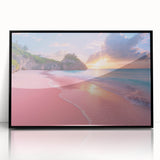 Large abstract wall art featuring Caribbean Bermuda scenery in vibrant oceanic and sunset hues, framed in black acrylic.