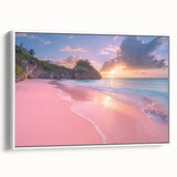 Framed canvas landscape art painting depicting a colorful Caribbean scene, ideal for brightening a living room.
