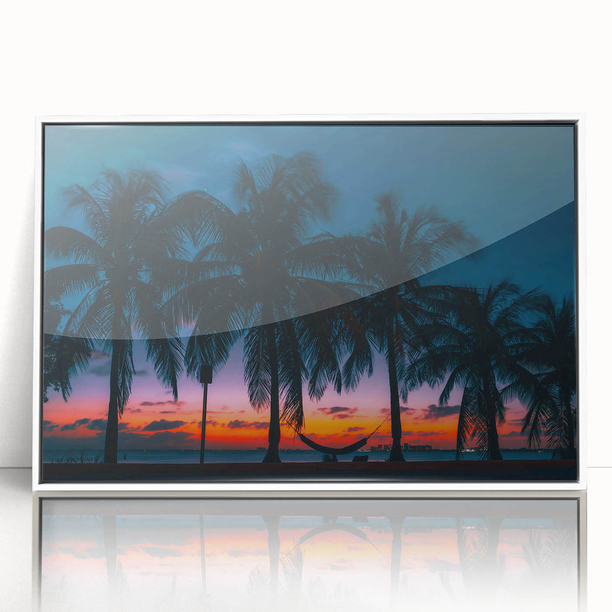 Mid-century modernist art depicting a Caribbean scenery on a white-framed acrylic print, ideal for nursery wall art.