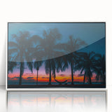Mid-century modernist art depicting a Caribbean scenery on a white-framed acrylic print, ideal for nursery wall art.
