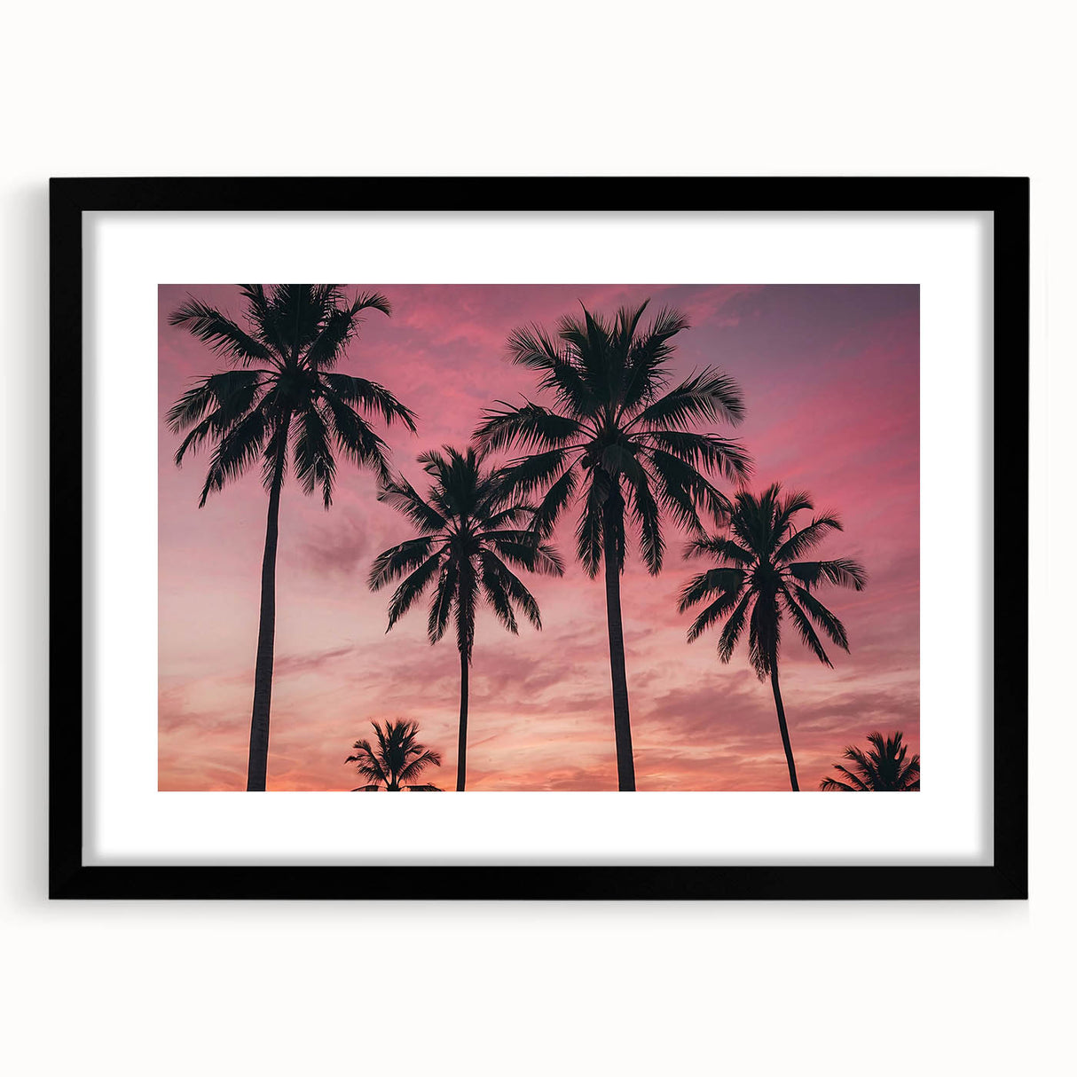 Extra large abstract art print of a vibrant Caribbean scenery on textured canvas, framed in black.