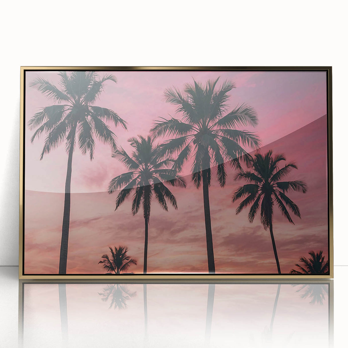 Mid-century modernist art depicting a Caribbean scenery on a gold-framed acrylic, with vibrant tropical hues.